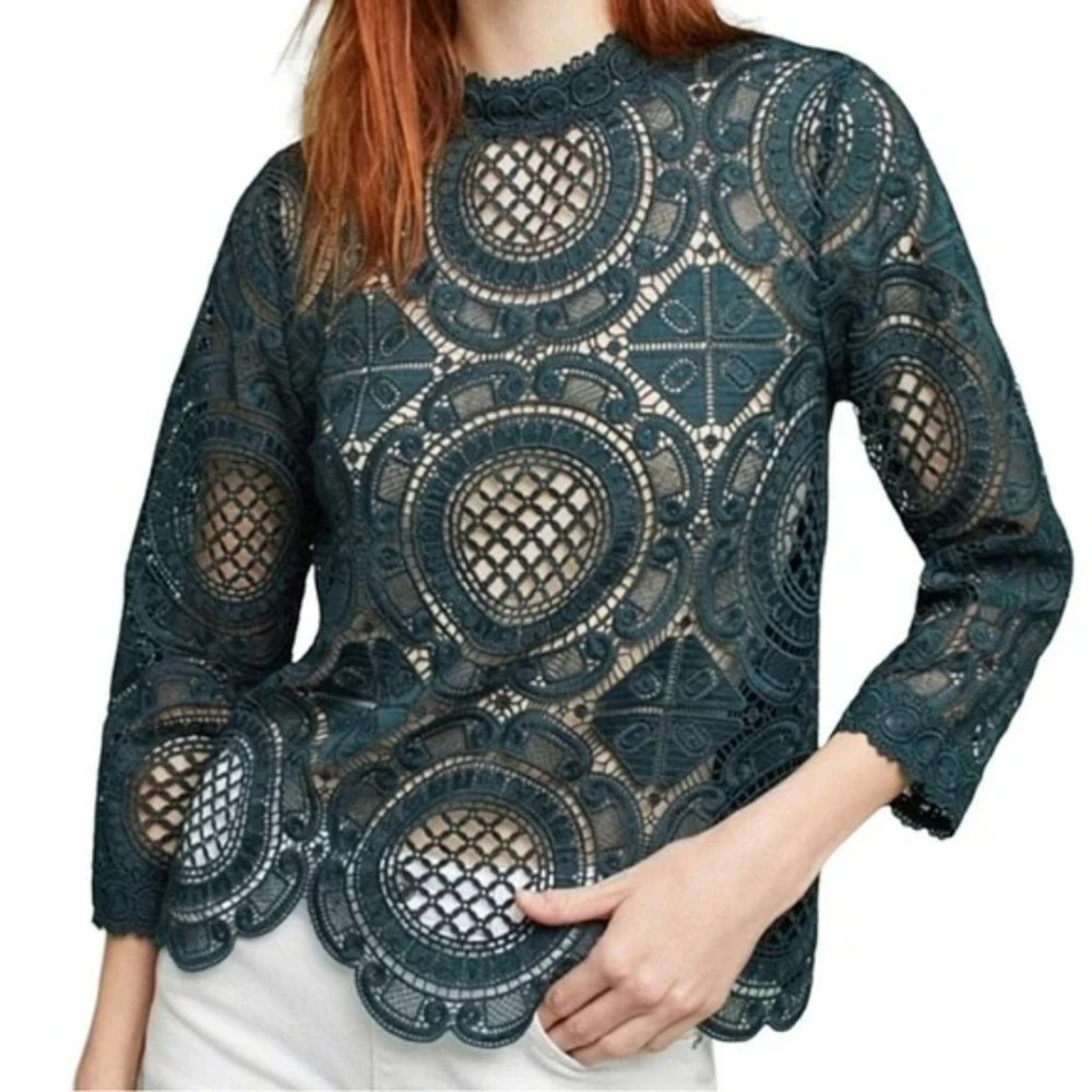 Anthropologie James Coviello Lace Medallion Mock Neck Green Top